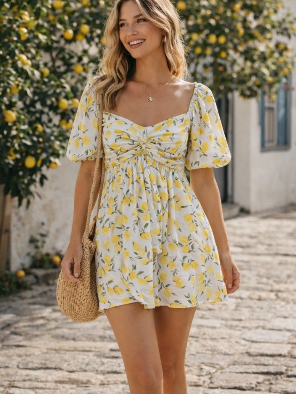 Altar'd State White and Yellow Lemon Print Mini Dress